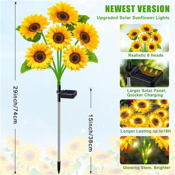 Sunflower Solar Lights Outdoor Decor, 4 Pack Solar Garden Decor 24 Waterproof - Picture 2 of 7